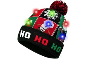 HOTUVEP Light Up Christmas Hat, Glow In The Dark Christmas Cap with Replaceable Battery, Unisex LED Santa Hats, Xmas Beanie Knitted Hat Christmas Party Cap for Kids Adults