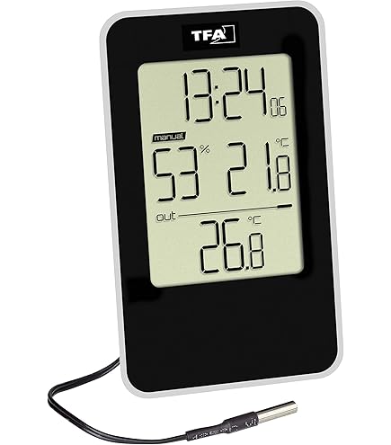 TFA Dostmann draadloze thermometer Buddy, 30.3072.01, buitentemperatuur en binnentemperatuur, max.- en min.-waarden, tijd en datum, achtergrondverlichting, zwart, (L) 69 x (B) 30 x (H) 150 mm