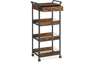 VASAGLE Storage Trolley, 4-Tier Rolling Cart with Table Top, Handles, 4 Lockable Castors, Top Drawer, Mesh Shelves, for Kitchen, Bathroom, Bedroom, Rustic Brown and Ink Black LRC049K01