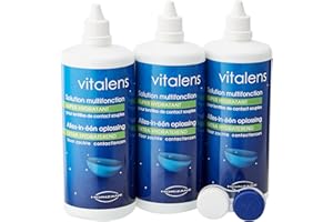 Solution multifonction pour lentilles de contact ● Format Tripack 3x360ml ● Décontamine, nettoie, rince, déprotéinise et hydrate ● Produit lentilles à l’acide hyaluronique ● Vitalens