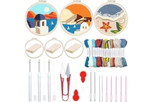 Woohome 3 Stück Punch Needle Anfänger Stickerei Set, Punch Needle Stoff mit Muster, Stickrahmen, Fäden, Anleitung für Kunsthandwerk (Strand, Hütte, Sonnenuntergang)