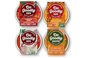 Do Goodly Variety Pack - Chip Shop Curry Sauce, Superstar Salsa, Roasted Red Pepper & Nacho Cheeze - 4 x 150g Dips
