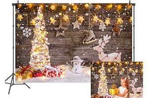 BINQOO 7x5ft Holz Weihnachtshintergrund für Fotografie Winter Schnee Frohe Weihnachtsbaum Hintergrund Weihnachten Hirsch Bokeh Sterne Foto Hintergrund Urlaub Kinder Kinder Studio Requisiten Breite