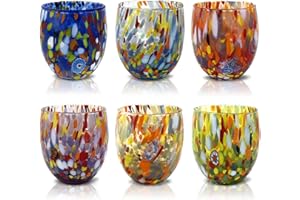 MAZZEGA ART & DESIGN - 6 Bicchieri Goto Acqua in Vetro Soffiati e Lavorati a Mano con Murrine Murano Raffinati e Originali - I Colori di Murano - Modello “Classic 290 ml. Made in Italy