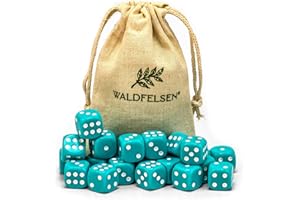 Waldfelsen® Lot de 20 dés de 6, 12, 20, 30 ou 50 dés de qualité supérieure de Waldfelsen® Taille standard 16 mm en acrylique Dice 6 faces 6 faces avec sac en tissu (turquoise, 20 pièces)