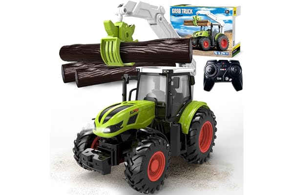 PENGBU RC Tracteur Telecommandé Enfant, Tracteur Telecommande à Partir de 2 3 4 Ans, Jouet Ferme à partir de 2 3 Ans, Tracteur Télécommandé avec grappin en Bois et 3 Troncs d'arbre