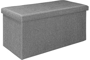 Bonlife Large Folding Grey Ottoman Storage Box with Lid,Linen Footrest Stool Bedroom Bench Seats,Toy Box Chest Living Room Furniture 76x38x38cm