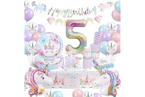 YIMAKJ Einhorn Partygeschirr Set, 5 Jahre Einhorn Geburtstag Party Geschirr, 5 Jahre Mädchen Party , Einhorn Luftballon Pappteller Tassen Servietten Tischdecke für Party Kindergeburtstag Deko 16 Gäste