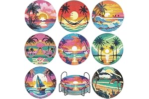 GJSZZO 8 Pcs Beach Diamond Art Coasters Kits with Holder, DIY Landscape Diamond Painting Coasters Mosaic Kits for Adults, Round Non Slip Coaster Crafts for Tabletop Protection and Gifts