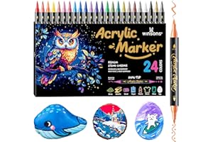 WINSONS Acrylmarker Dual-Tip 24 Farben, Pinselspitze Rundspitze, ungiftig, nicht blutend, wasserfest, lebendige Farben, permanent für Papier, Eier, Kappe, Stoffe, Steine, Keramik, Glas, Kunststoffe