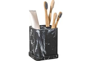 ZCCZ Badezimmer Accessoire – Zahnbürstenhalter in edler Stein-Optik, quadratischer Zahnputzbecher für elektrische Zahnbürste, Kosmetik, Pinsel, Rasierer – Hochwertiger Becher mit Untersatz in Schwarz