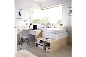 Dmora - Letto per bambini Cervino, Lettino singolo per cameretta, Set con scrivania e scaffali, 134x195h73 cm, Bianco e Rovere
