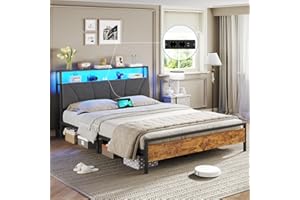 ‎BRINLAWB Brinlawb Bett 120x200cm mit LED Beleuchtung und 2 USB+2 AC Steckdose Metallbett Bettgestell 120x200 mit Metallrahmen & Kopfteil mit Stauraum, Bettrahmen Doppelbett Robust und Stabil Leichte Montage
