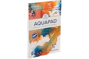 Clairefontaine 975722C Bloc Encollé Goldline Aquapad - 30 Feuilles Papier Aquarelle Blanc Grain Moyen Fin A3 29,7x42 cm 300g