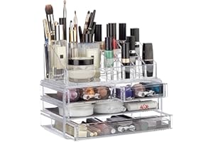 Relaxdays Make Up Organizer Acryl, 2-teilige Schminkaufbewahrung mit Lippenstifthalter und 4 Schubladen, transparent, 19 x 24 x 13.5 cm