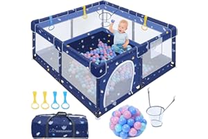 Kidsbuddy Parque infantil de 130 x 130 cm, diseño antideslizante, con red transpirable, rejilla de protección, juego con 30 balas, parque de seguridad infantil, color azul oscuro
