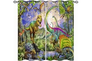 ANHOPE Dinosaur Curtains Eyelet Ring Top Thermal Insulated 80% Blackout Curtains with Jungle Animal Dino T-Rex Print Pattern Window Drapes for Kids Boys Girls Bedroom 42 x 63 Inch Drop 2 Panels