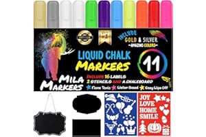MILA MARKERS Mila 11 Multicolored Liquid Chalk Markers | Includes Mini Chalkboard, 16 Labels & 2 Stencils | Erasable, Non-Toxic, Water-Based | 6 mm Reversible Tip | On Glass, Blackboards & More | For Kids & Adults