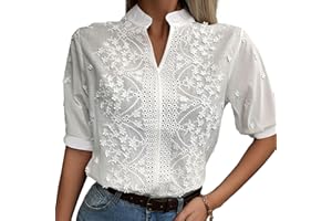 Juketron Camicetta Estiva in Pizzo con Ricamo Floreale Moda Donna Scollo a V Camicia Casual Chic Manica Corta Svasata Top Elegante