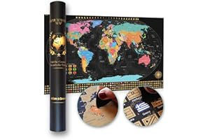 Atlas & Green Mapa del mundo para rascar con todos los Estados Unidos y banderas del mundo. Tamaño grande de 28 x 16.5 pulgadas. Póster de lugares donde he sido, mapa para rascar, póster de viaje