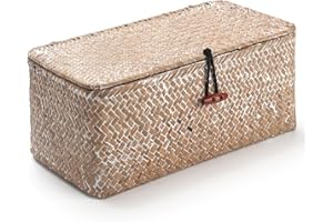 DOKOT Seagrass Storage Baskets with Lid Natural Rattan Woven Rectangular Organizer Box (Whitewash Small 26cmx14cmx11cm H)