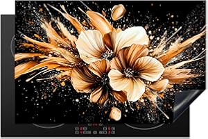 KitchenYeah© Protection Plaque Cuisson Deco Cuisine Cache Induction 80x52 cm Protège Pour Cuisiniere Protection Fleurs - D'or - Graffiti - Noir - Abstrait