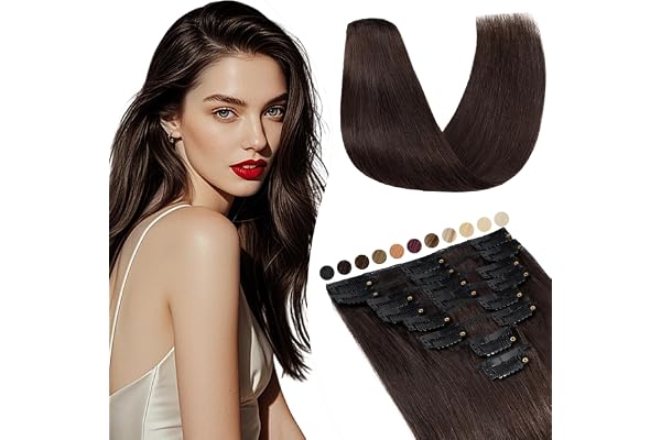 Elailite Extension Cheveux Naturel Clip #2 CHATAIN FONCE, 8pcs Extension a Clip Cheveux Humains 40cm (65g)