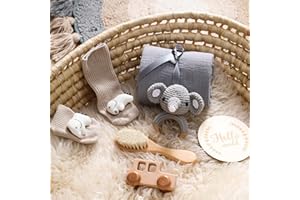 Youuys 6-Teilig Baby Geschenk zur Geburt für Neugeborene, Geschenk zur Junge und Mädchen Badetücher, Handmade Rassel, Holzspielzeug, Meilensteinkarten, Socken, Bürste, Babyparty (Elefant)