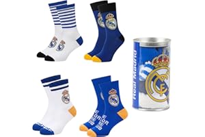 CF REAL MADRID Real Madrid Calcetines Niños, Set de 4 Calcetines de Algodon y Hucha de Regalo, Tallas EU 27 a 38