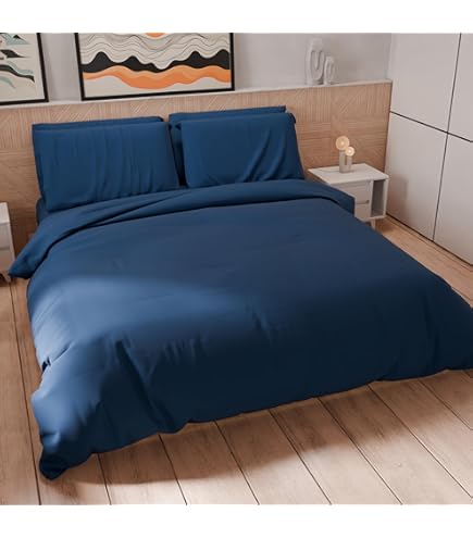 Set Biancheria Letto Percalle Cotone 200 Fili - Copripiumino E Federe, Pieghe, Blu Navy, Matrimoniale - Foto 9