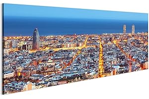 islandburner, Bild auf Leinwand Skyline von Barcelona, Luftaufnahme bei Nacht, Spanien Wandbild Poster Leinwandbild