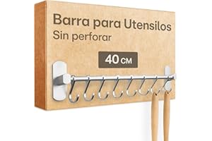 Praknu Barra para Utensilios de Cocina con 8 Ganchos - Adhesiva - Instalación sin Taladro - 40 cm - Colgador de Utensilios de Cocina en Aluminio