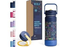 BEOLA 550ml Kids Water Bottle 18/8 Stainless Steel Double Wall Insulated thermo Bottle with Straw Lid and Wide Mouth, Hot Cold Liquids Sports School Bottle (19oz, Pixel Play)