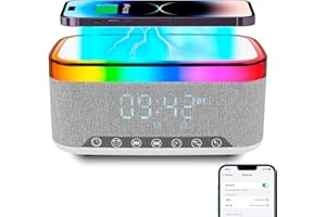 Jimhaby Radio Alarm Clock Bedside, Atmosphere Digital Alarm Clocks with 15W Wireless Charger, 5.3 Bluetooth Speaker, Fast Qi Wireless Charger, FM Radio, USB Charging Port, Table Lamp for Bedroom, Des