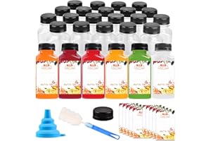 V·COLOKISHI Lot de 20 bouteilles de jus en plastique de 237 ml avec bouchons pour jus et smoothies, bouteilles transparentes vides réutilisables avec étiquette, entonnoir et pinceau, lait, eau
