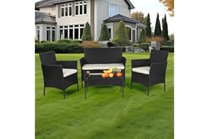 Lishetimig 4 Piece Rattan Garden Furniture Set, Patio furniture, Garden Table, Garden Sofa Chair Glass Top Coffee Table with Cushions, Ideal for Pool Side, Balcony, Outdoor and Indoor