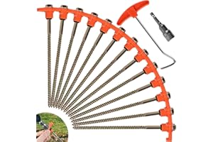 OFFOF 12 Pack Heavy Duty Metal Tent Pegs – Rotating Rock Pegs with Thread, Ground Anchors for Camping, Includes Drill Adapter & Nail Puller, Durable Steel Stakes for Garden, Canopies & Outdoor(orange)