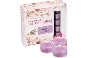 Hyoola Velas de Té Perfumadas - Velas Candelitas en Vaso Transparente - Velas Aromáticas con Aroma a Vainilla y Lavanda - Violeta Claro - 6 Horas de Combustión - Pack de 15 - Hechas en Europa