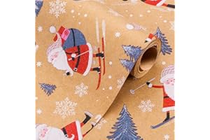 Wikadlik Christmas Kraft Wrapping Paper - 43cm x 10m - Funny Santa Clause Skiing/Snowflake/Tree Design Gift Wrap Paper for Holiday Party Celebration