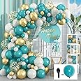 Balloon Arch Kit Pearl Retro Teal Blue White Metallic Gold Balloon Garland Kit with Confetti Balloons Peacock Turquoise Blue Birthday Party Balloons Decorations for Kids Boys Ocean Baby Shower Wedding