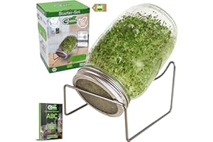 ‎GREEN SEEDS Green SEEDS Sprossenglas Keimglas 1er Set 1000ml mit hochwertigem Edelstahl-Gitterdeckel, Ständer + Sprossen-ABC [Druckversion]