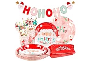 SUNBEAUTY 85 Pcs Christmas Party Tableware Set Christmas Paper Plates,Napkins,Cups,Paper Pipette & HOHOHO Banner Xmas Tableware Set for Xmas New Year Party Decoration