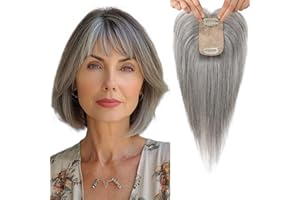 Flufymooz Real Human Hair Toppers for women, 10 Inch Clip in Bangs 100％ Human Hair Toppers for Thinning Hair, Cover Hair Topper Hair Pieces with 150% Density Silk Base-Light grey