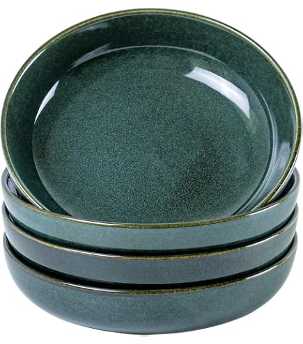 NUTRIUPS 1.2L Keramische Grote Serveerschalen Set - Ondiepe Porseleinen Slakommen Groen Steengoed - 4 Stuks
