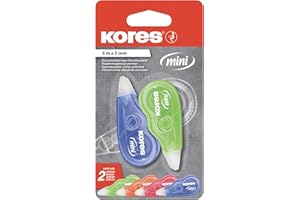 Kores - Mini Roller: Correttore a Nastro per Studenti e Adulti, Bianchetto Asciutto che non si Stacca con Forma Ergonomica, Ideale per Scuola e Ufficio, 5m x 5mm, Confezione da 2
