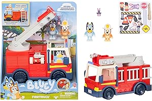 Bluey Firetruck, Firetruck, Exclusive Firefighter Bingo and Bob Bilby Figures Raise The Ladder, Spin It Around and Roll Out The Hose Includes Sticker Sheet