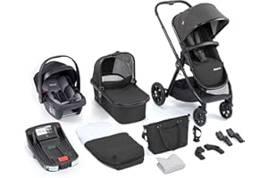 Babymore Memore V2 Travel System 13 Piece Black - 3-in-1 Pram Travel System, Foldable, Reclining Baby Pushchair, Coco i-Size Baby Car Seat with ISOFIX Base & Accessories, 0-4 Years | Up to 22 Kg