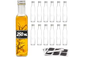 Praknu 12 Bottiglie Vetro 250ml con Tappo a Vite - 12 Etichette e Penna - Bottiglie Vetro per Liquore, Olio, Birra & Vino
