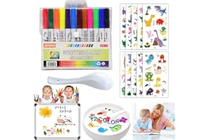 JSHENG 12Pcs Rotuladores Agua Magicos, Magic Pen con Cuchara y 2 Pegatinas para Tatuajes, Magic Pen Dibujos en el Agua, Rotuladores Mágicos Agua, para Escritura Infantil, Dibujo, Juegos de Agua, Pizarras (B)