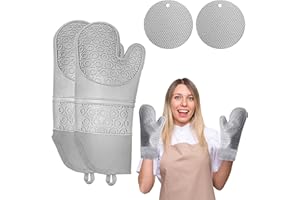 ‎PHANTASY Phantasy® Ofenhandschuh und Topflappen Set, 260℃ Hitzebeständige Topfhandschuhe, Anti-Rutsch Silikon und Baumwolle Topfhandschuhe 1 Paar für Küche, Backofen, Mikrowelle, Hellgrau